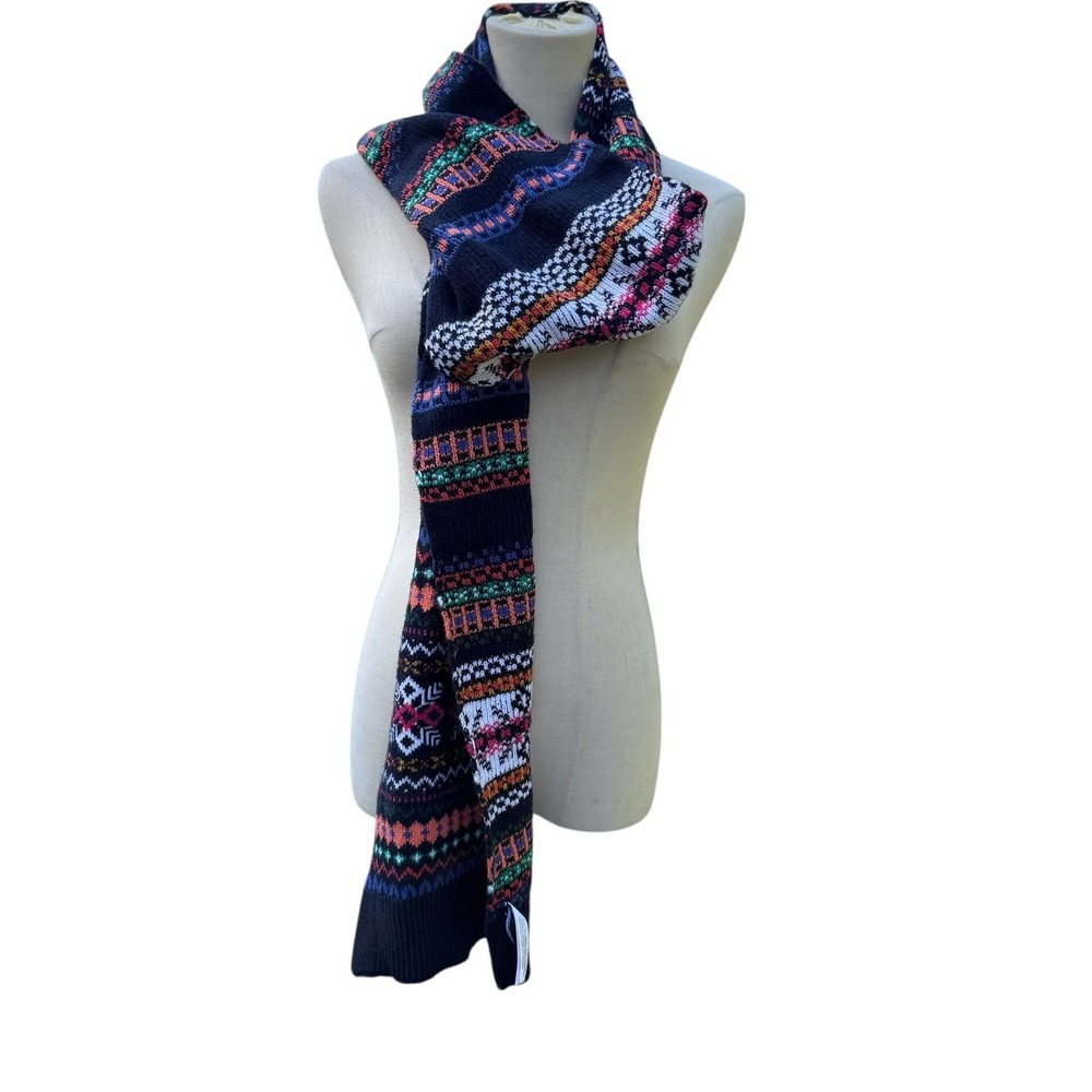 Talbots Fair Isle Knit Scarf Navy Blue Multi Color Cotton Blend Nordic 74 Inch